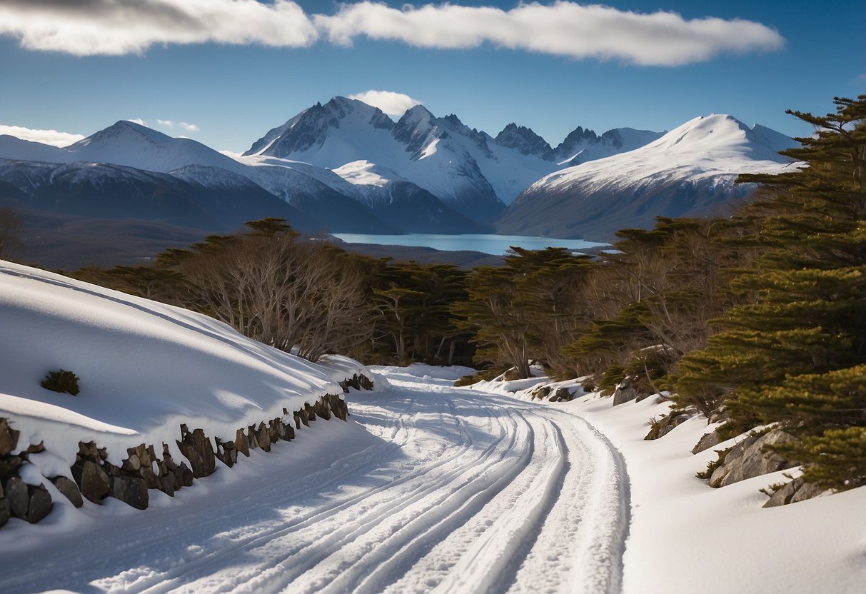 Snow-covered mountains and winding trails in Ushuaia National Park, Argentina. Skiers gliding through the pristine landscape on the 10 best cross country skiing routes in South America