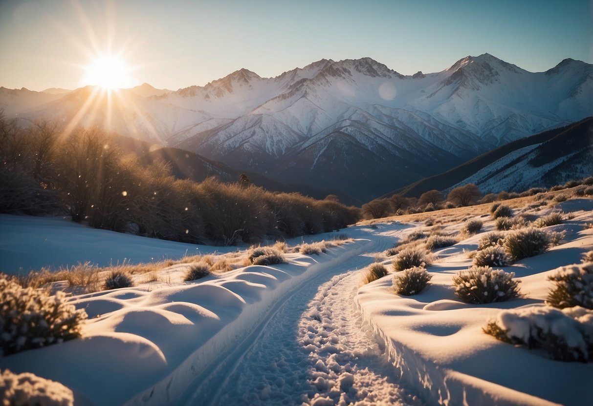 Snow-covered mountains in Piedras Blancas, Argentina. Cross country skiing routes winding through the pristine landscape. A serene and picturesque winter scene