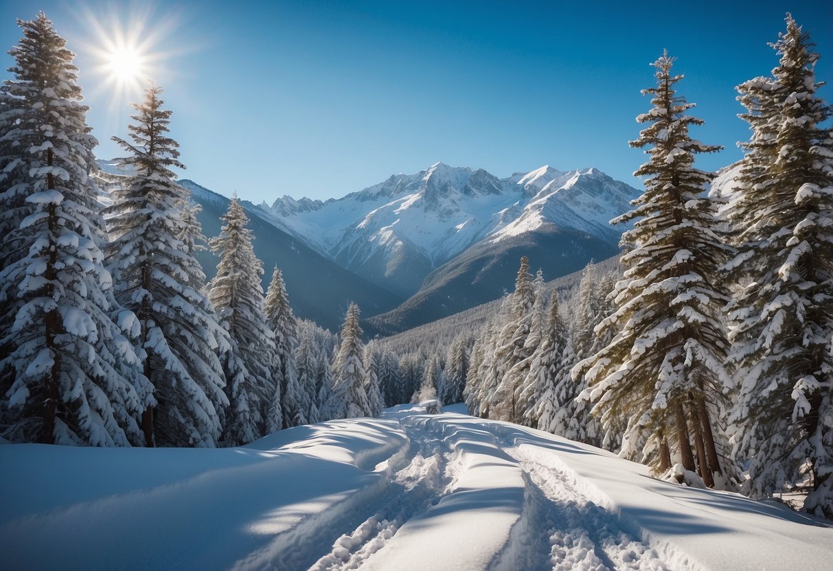 Snow-covered mountains with winding trails, surrounded by dense forests. Blue skies and crisp air create a picturesque setting for cross country skiing in Nevados de Chillán, Chile