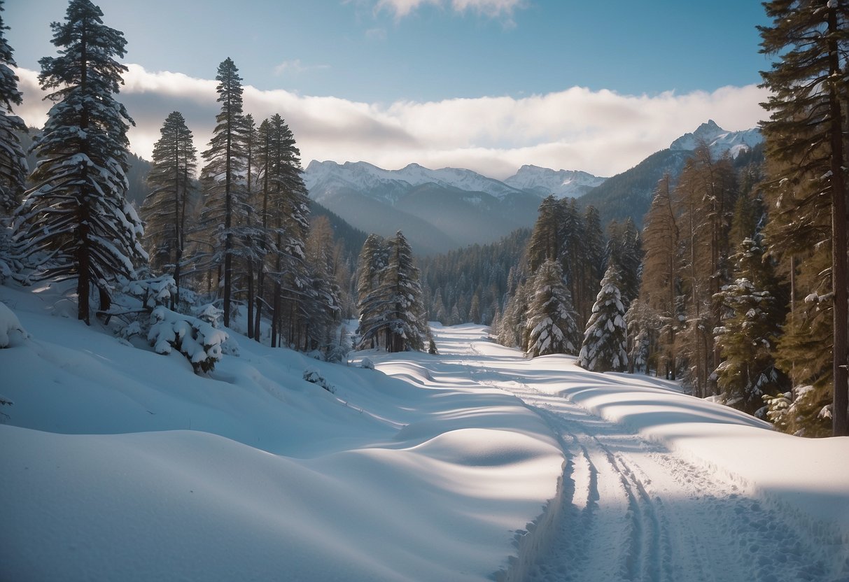 A snowy landscape in Huilo Huilo Biological Reserve, Chile, with winding cross-country ski trails through the pristine wilderness