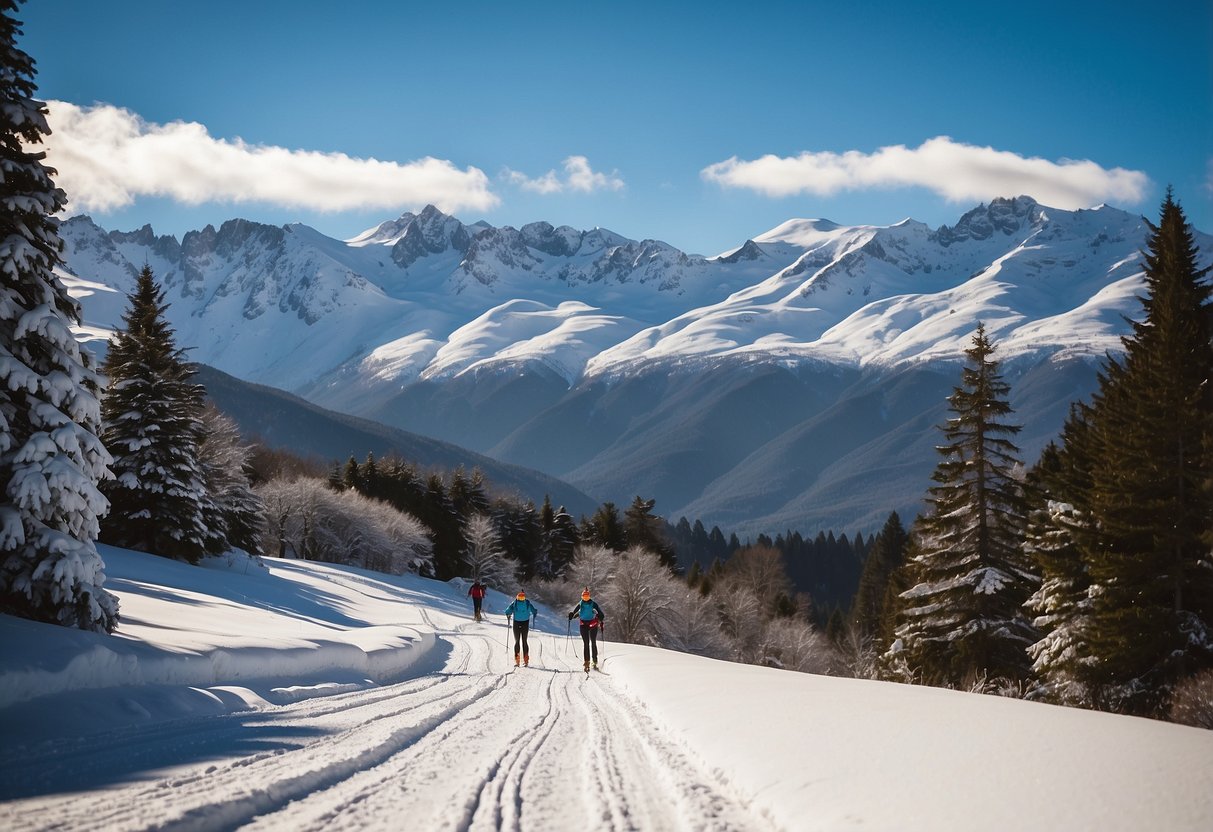 Snow-covered mountains and winding trails at Termas de Puyehue, Chile. Cross country skiers gliding through the picturesque landscape