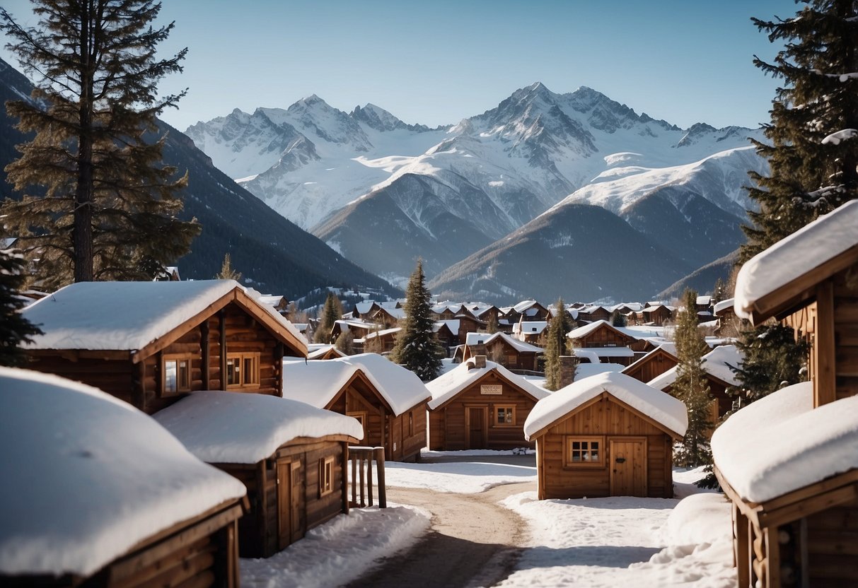 Snow-covered mountains surround a quaint village with wooden cabins. Ski trails wind through the pristine landscape, offering breathtaking views of the Andes