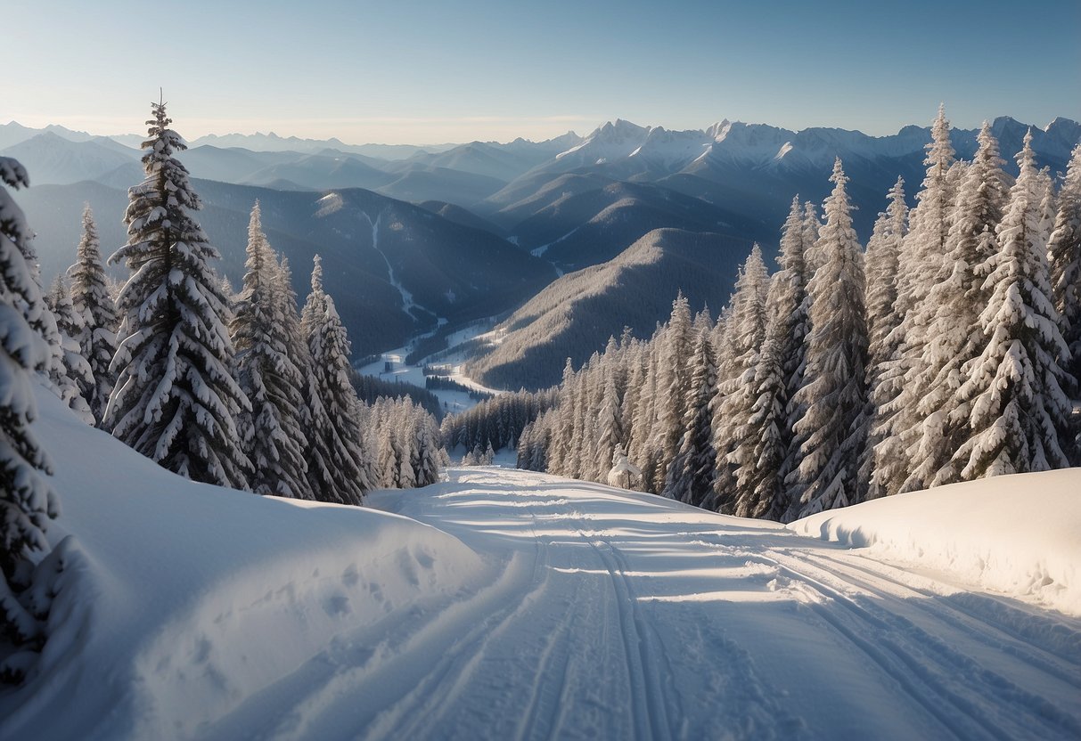 A snowy mountain landscape with winding cross country ski trails, marked with clear signage and surrounded by dense forests and stunning mountain views