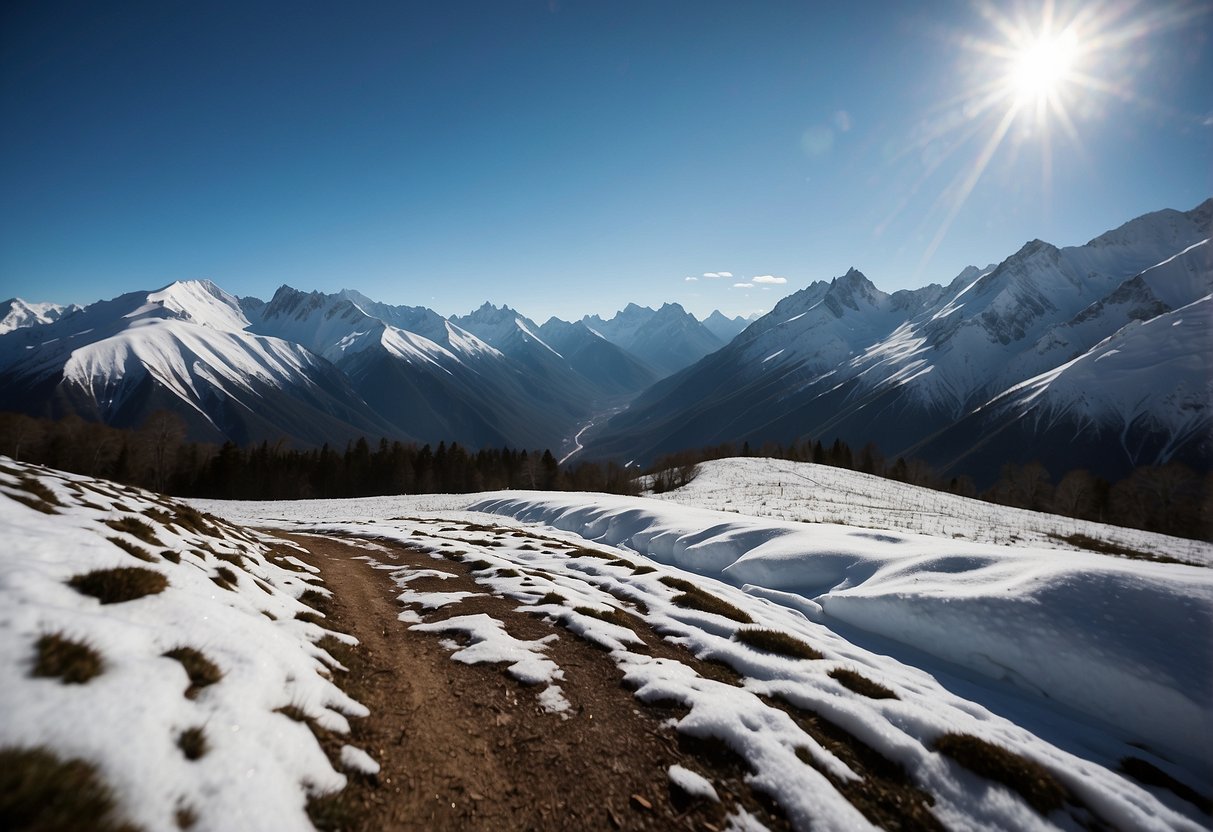 Snow-covered Andes mountains, clear blue skies, and winding cross-country ski trails through pristine forests and valleys in South America