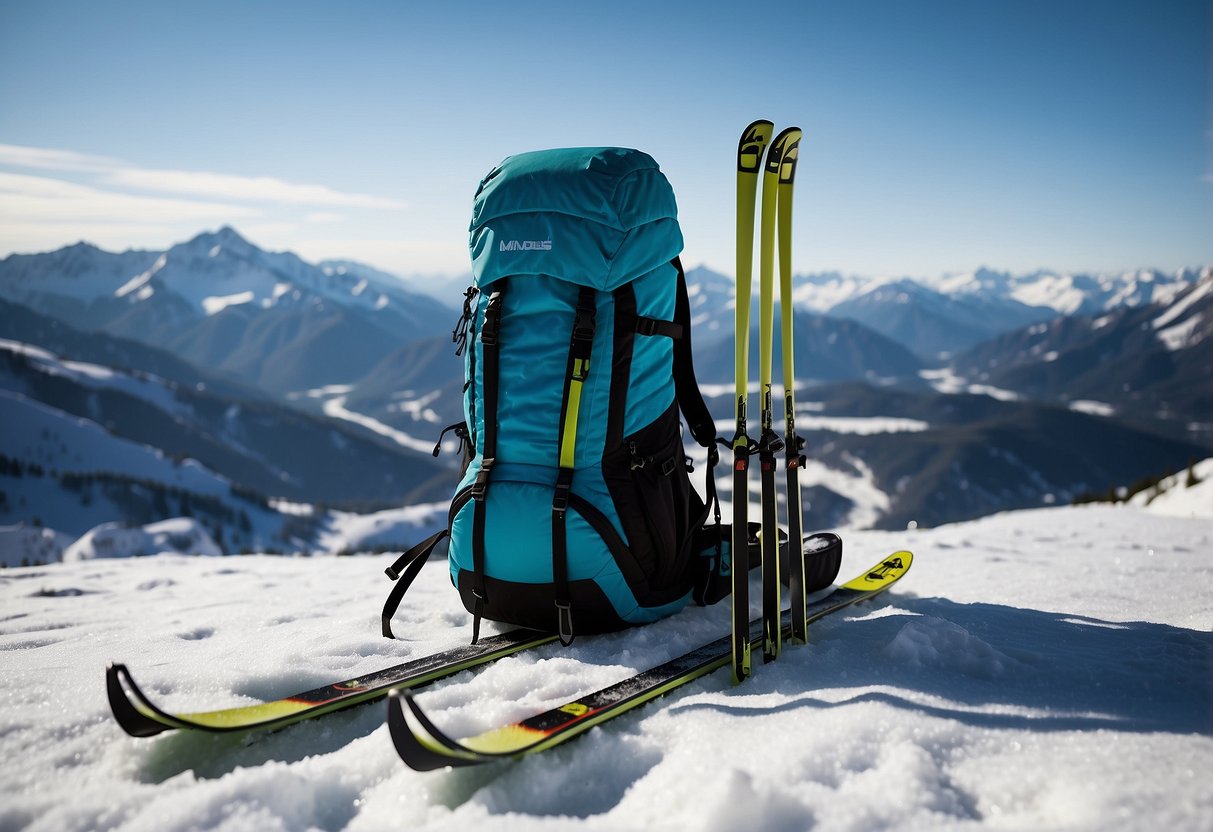 Skis and poles laid out on snow, backpack with supplies, mountain range in background, clear blue sky