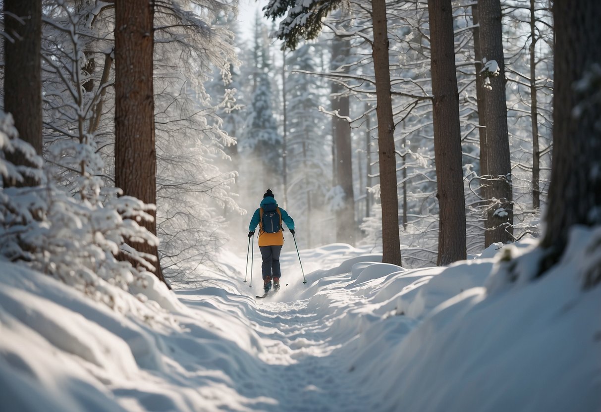 A skier glides through a snowy forest, passing by a deer grazing peacefully. Birds flit through the trees, and a rabbit hops across the trail. The skier maintains a respectful distance, enjoying the peaceful coexistence with the wildlife