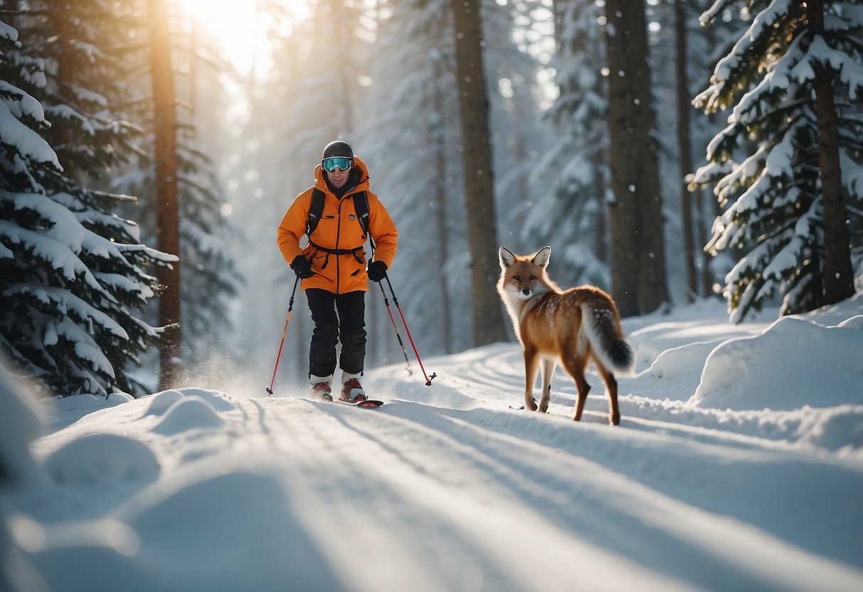 Skier glides through snowy forest, passing by a grazing deer and a curious fox. Birds chirp in the distance as the skier follows a set trail, staying calm and collected