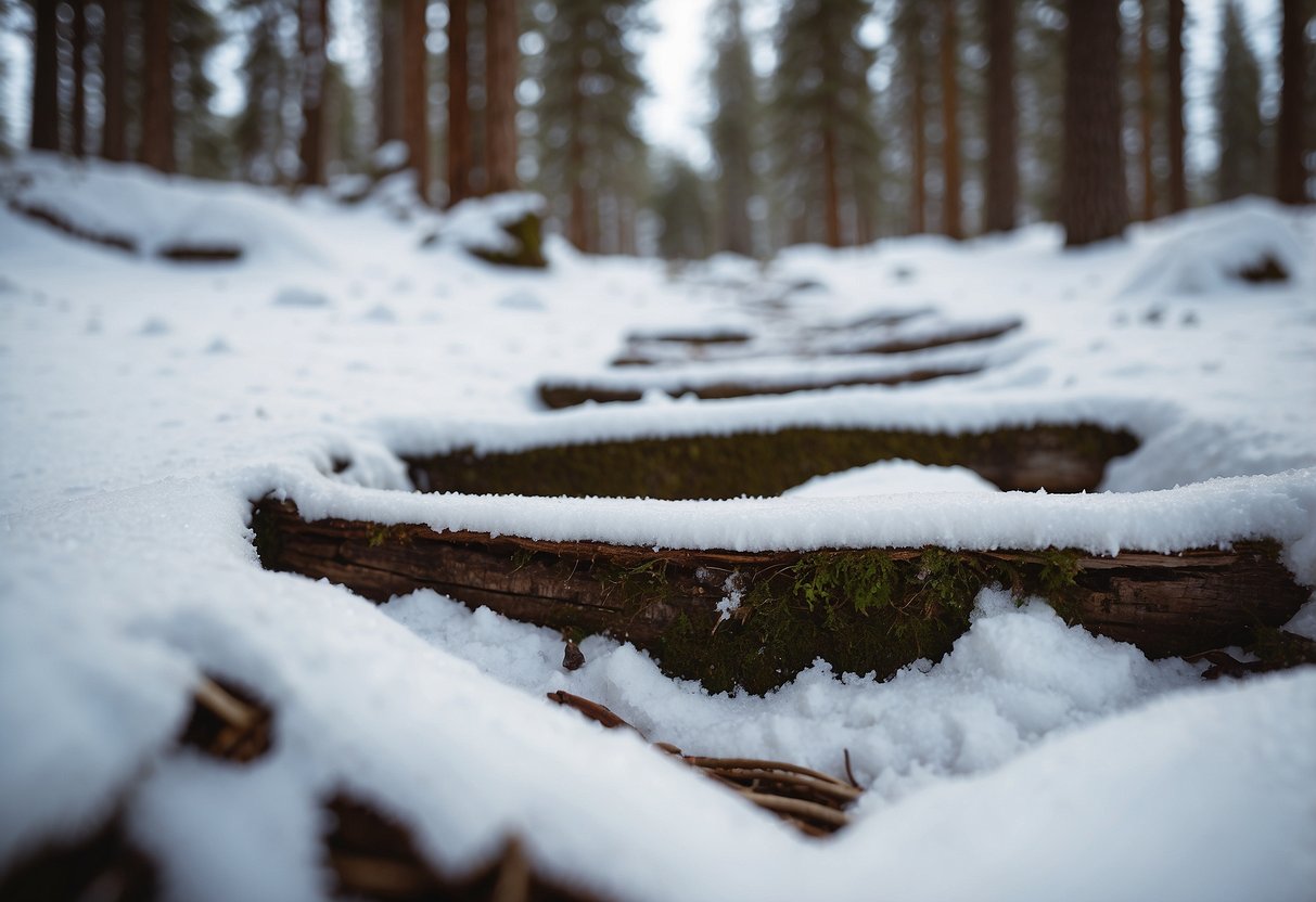 Fresh snow covers the forest floor, revealing various animal tracks. Ski trails wind through the trees, with wildlife signs posted along the route