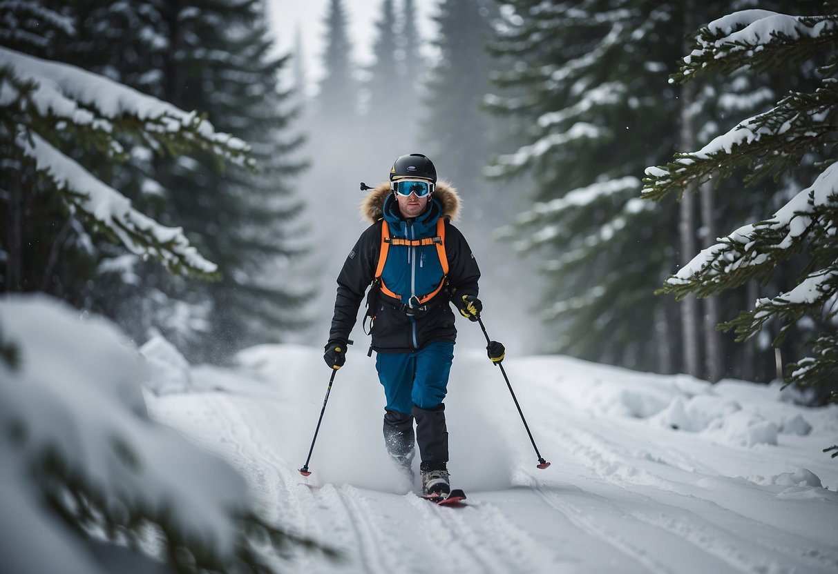 A skier holds bear spray while skiing through a snowy forest. Tips for wildlife safety are written in the background