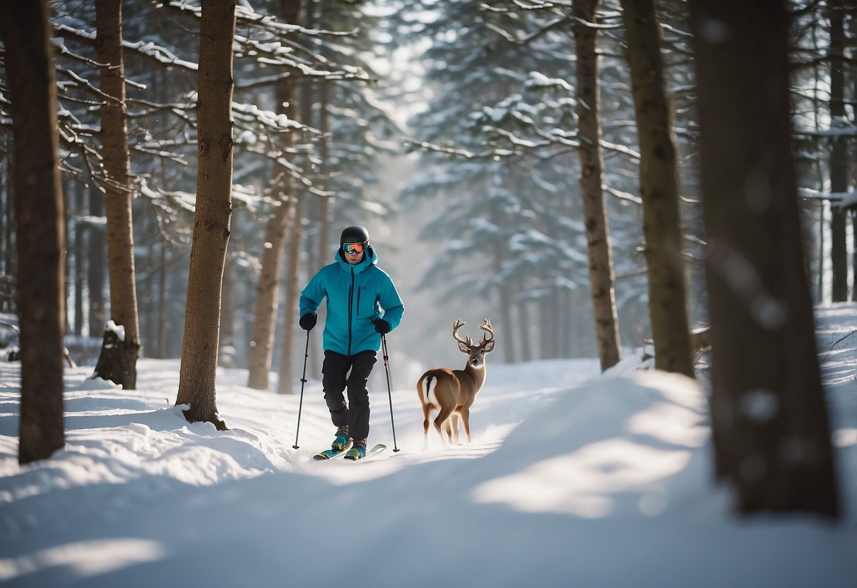 A skier glides through a snowy forest, keeping a safe distance from a grazing deer. Other wildlife, like birds and squirrels, are seen at a distance