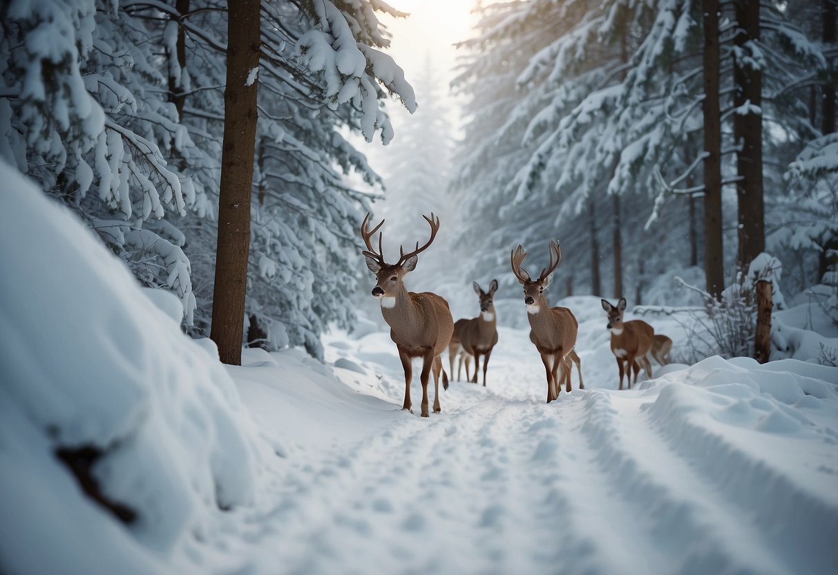 Skiers navigate snowy trail. Wildlife, including deer and rabbits, observe from the surrounding forest. Use caution and respect animals' space