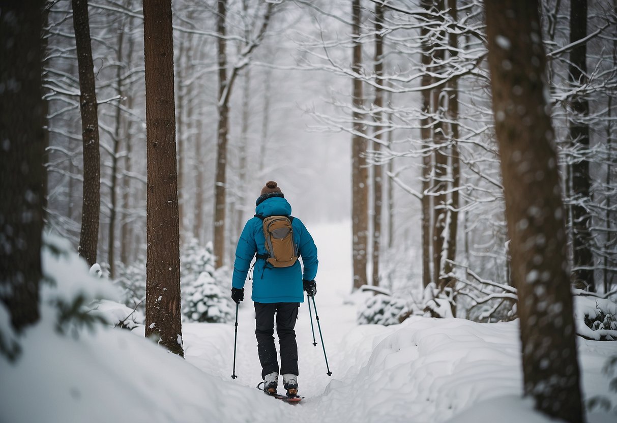 A skier glides through a snowy forest, passing by a sign that reads "Respect Wildlife Habitats." A variety of animals, such as deer, foxes, and birds, can be seen in the natural surroundings