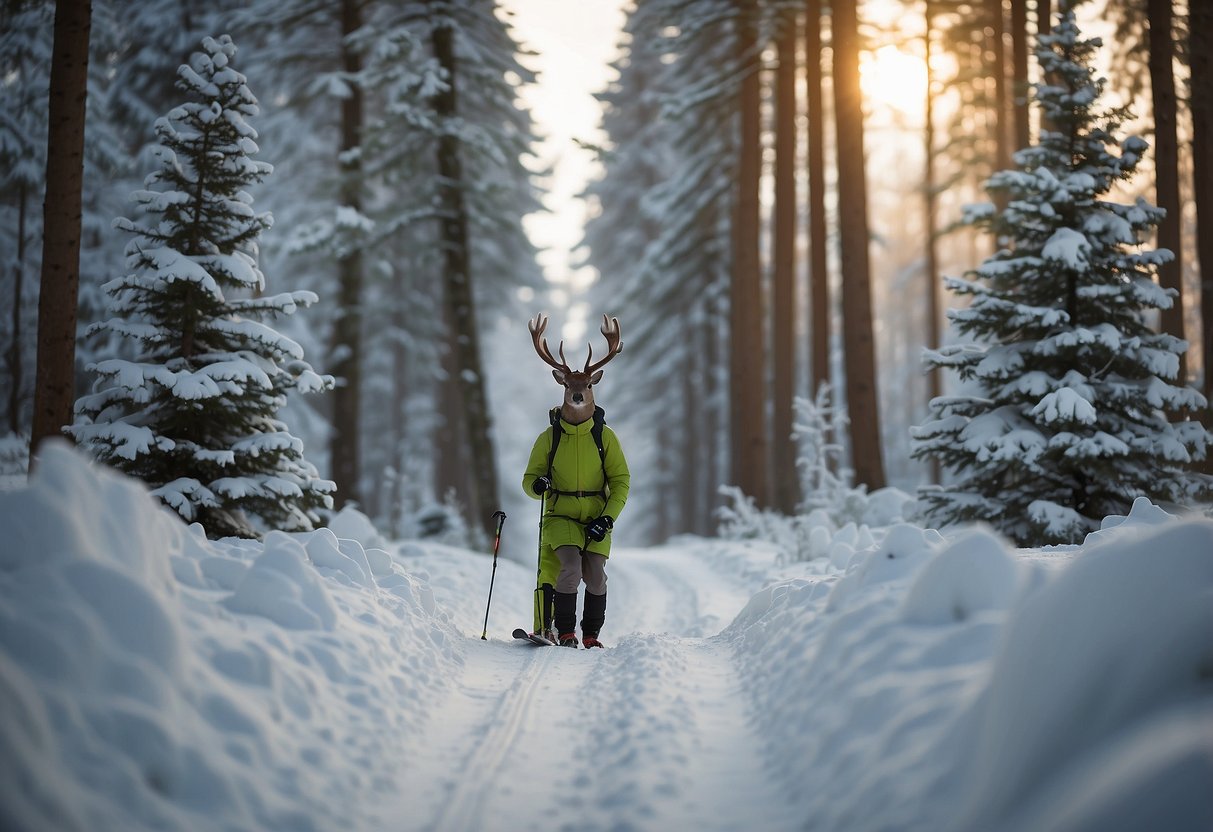 A skier glides through a snowy forest, observing a deer grazing peacefully. Nearby, a squirrel scurries up a tree, while a hawk circles overhead. The skier remains calm, respecting the animals' space