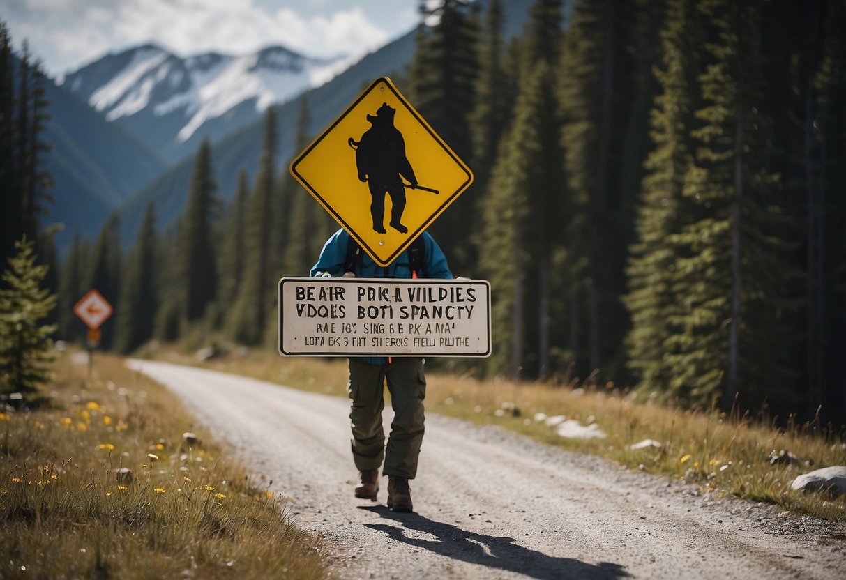 A skier cautiously passes a sign warning of wildlife. They carry bear spray and keep a safe distance from any animals they encounter