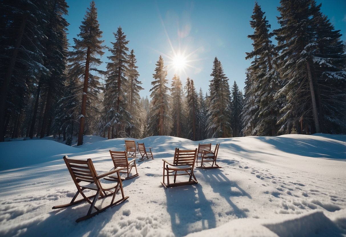 A group of lightweight cross country skiing chairs arranged in a snowy landscape with a backdrop of pine trees and a clear blue sky