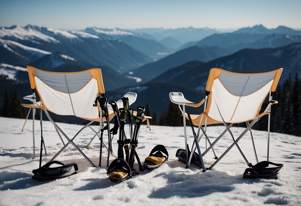 A snowy mountain slope with a pair of lightweight, foldable chairs set up, surrounded by cross country skiing equipment