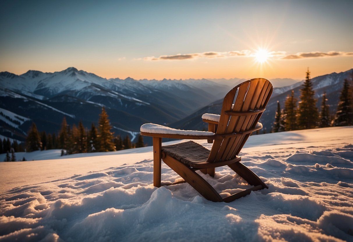 A chair sits on a snowy hill, with skis leaning against it. The sun sets behind the mountains, casting a warm glow on the scene