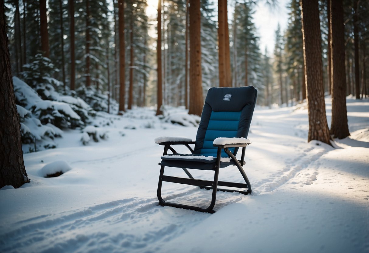 A lightweight chair sits on a snowy cross-country trail, surrounded by trees. The Crazy Creek Hex 2.0 Original Chair is propped up, ready for a skier to take a break and enjoy the serene winter landscape