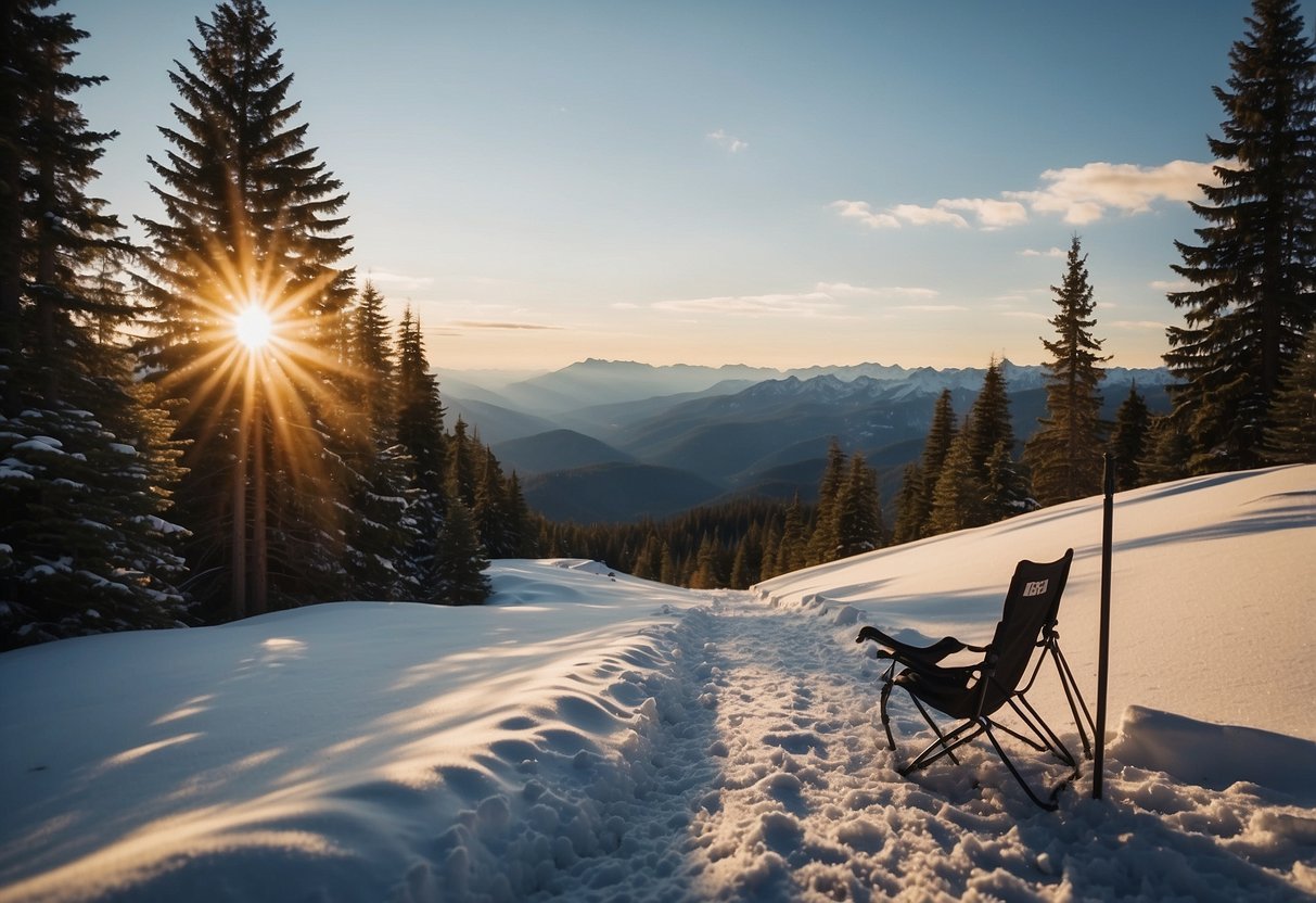 A snowy cross-country trail with a REI Co-op Flexlite Air Chair set up, surrounded by pine trees and distant mountain views