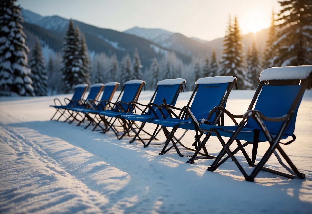 A group of lightweight cross country skiing chairs lined up against a snowy backdrop, showcasing their portability and ease of use for outdoor activities