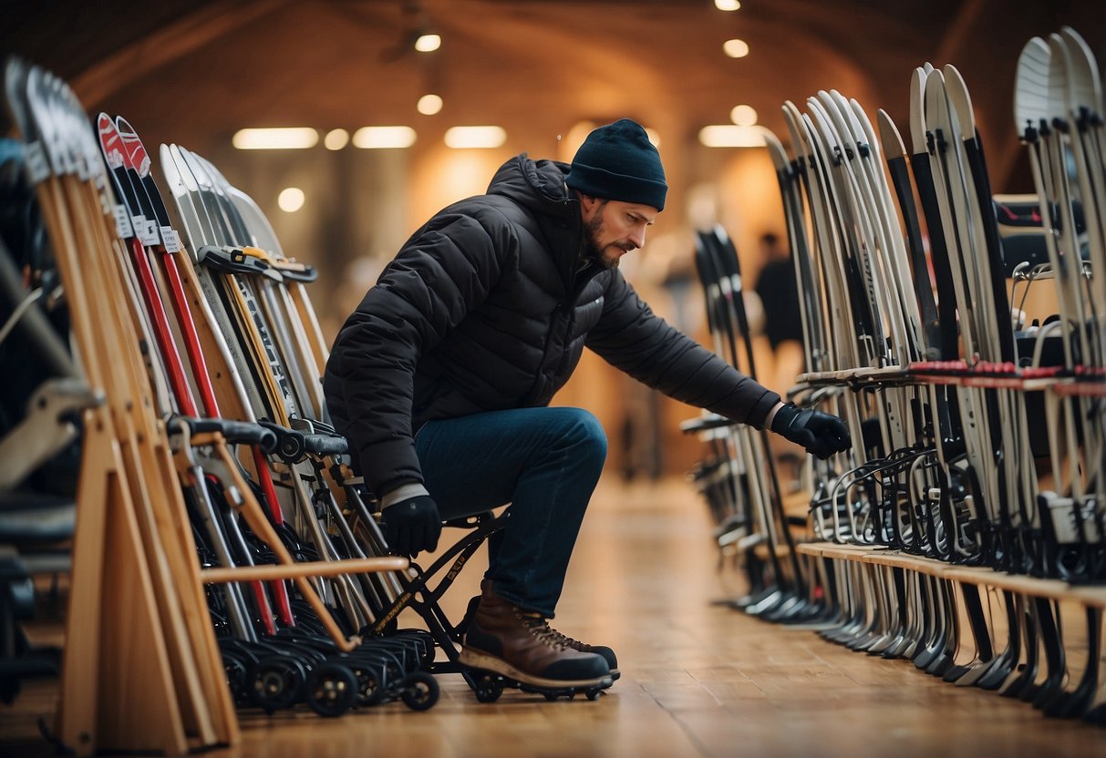 A person selects a lightweight cross country skiing chair from a display of 5 options