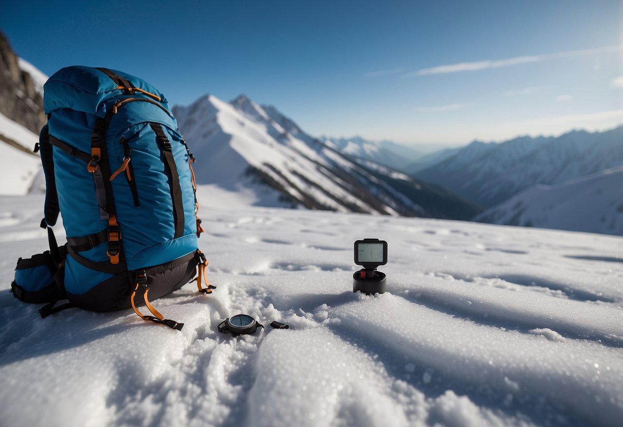 A snowy landscape with a cross country skier's backpack open, displaying essential navigation tools such as a compass, map, GPS device, and avalanche beacon