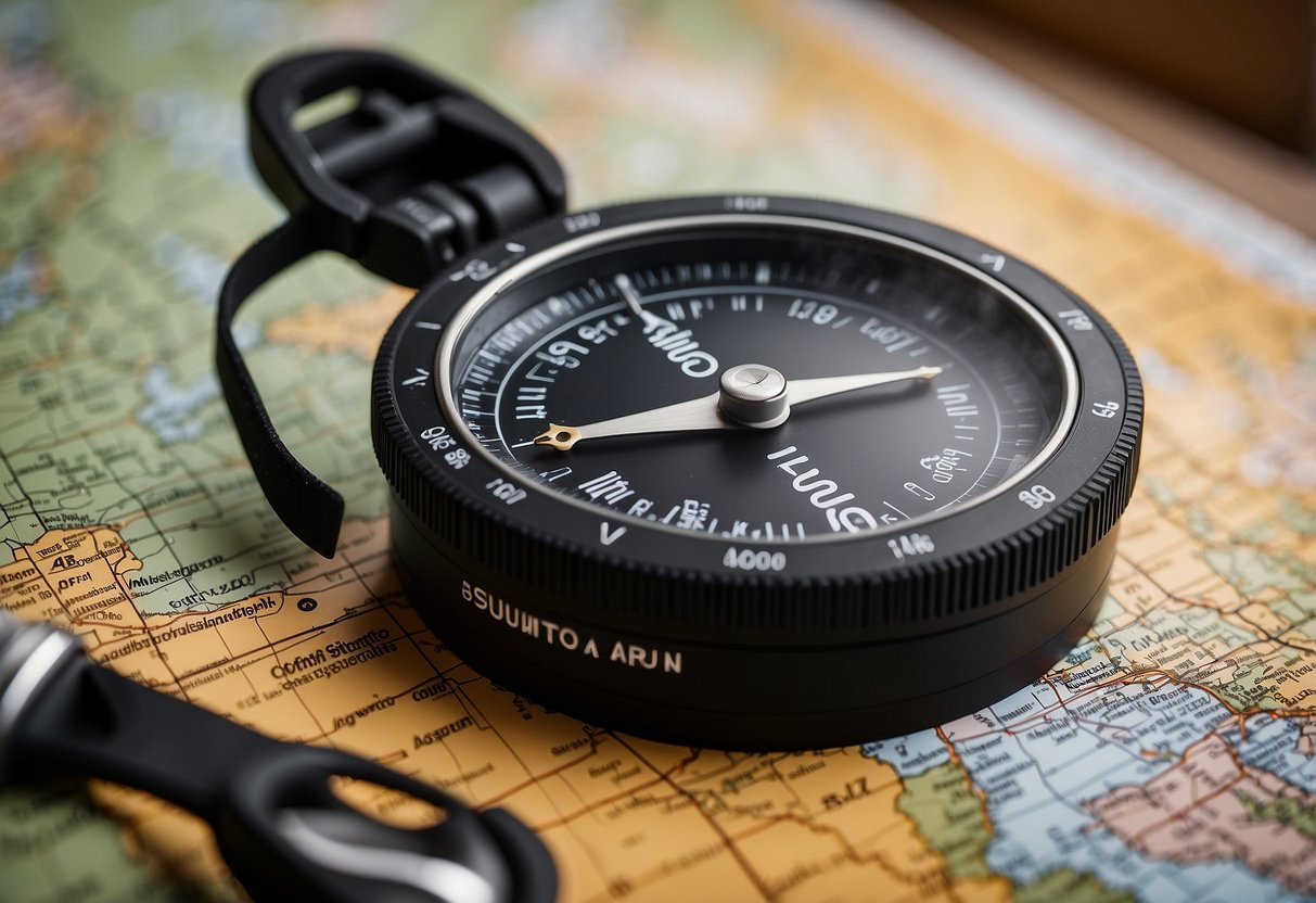 A Suunto A-30 compass lies atop a map surrounded by essential navigation tools for cross country skiing trips