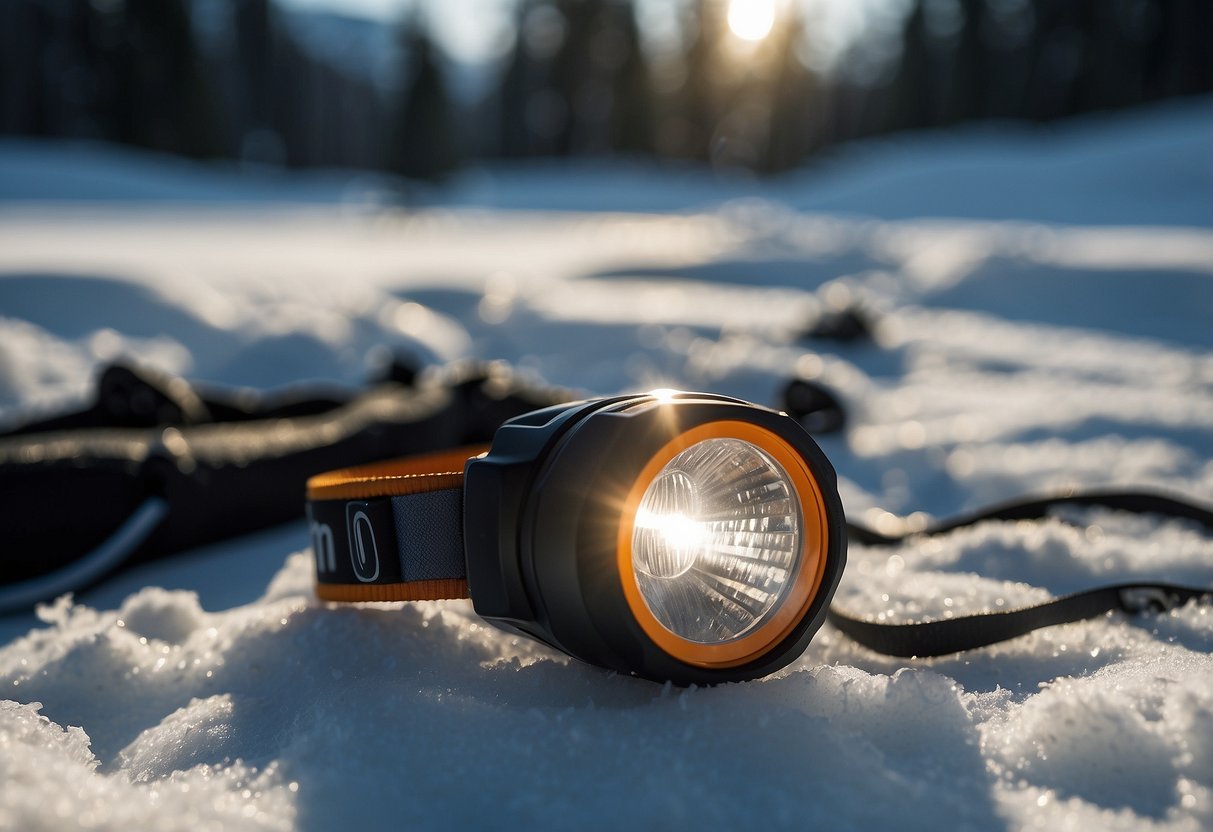 A headlamp illuminates a snowy cross country skiing trail. Navigation tools lay nearby, including a compass, map, and GPS device