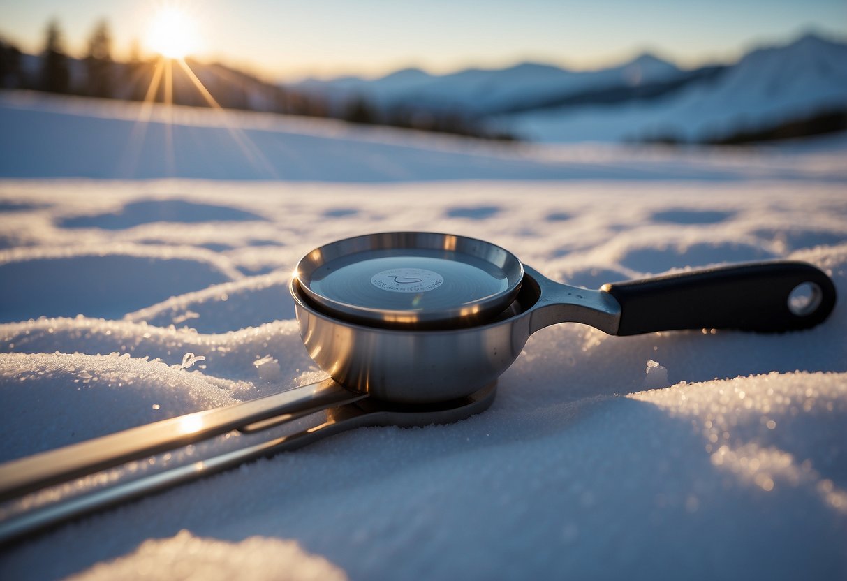 A titanium spoon rests on a snowy landscape surrounded by essential navigation tools for cross country skiing trips