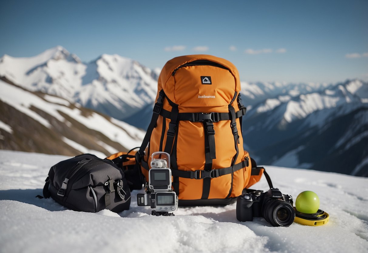 A backpack with ski gear and navigation tools laid out on a snowy landscape