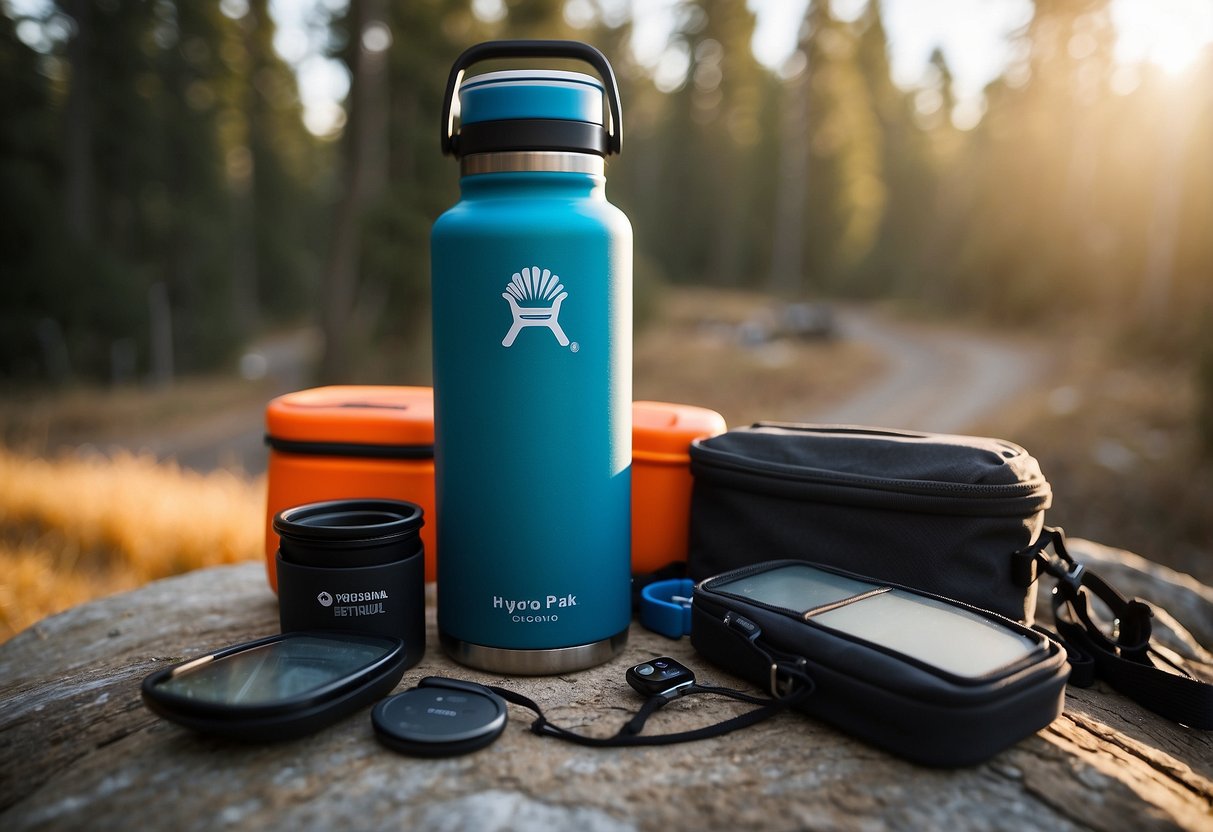 A Hydro Flask 32 oz bottle sits next to 10 essential navigation tools for cross country skiing trips