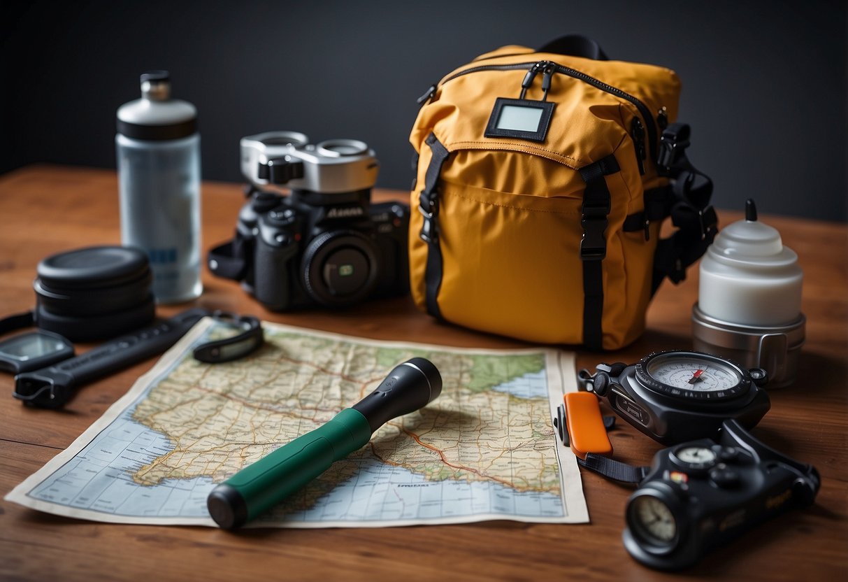 A table with a map, compass, GPS, altimeter, ski trail guide, avalanche beacon, whistle, headlamp, first aid kit, and multi-tool