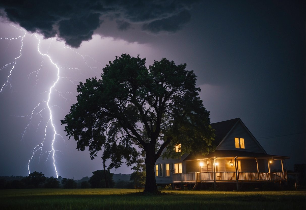 Dark clouds loom overhead as lightning strikes in the distance. A tree bends under the force of strong winds, while rain pours down heavily. A house is illuminated by flashes of lightning, as the storm rages on