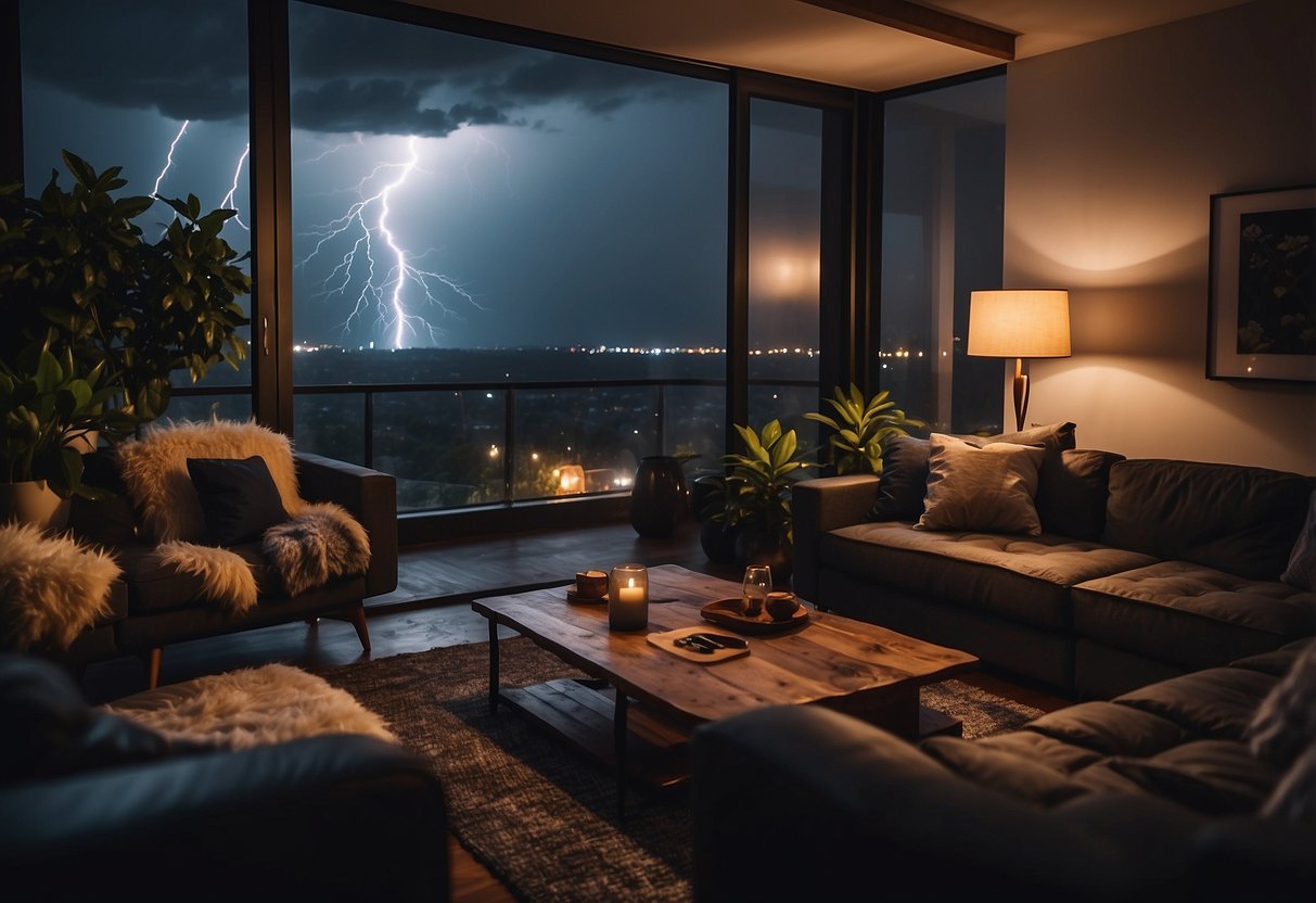 A dark storm rages outside, lightning flashes and thunder roars. The wind howls, shaking the windows. Inside, a cozy living room with warm lighting and people gathered, safe and secure