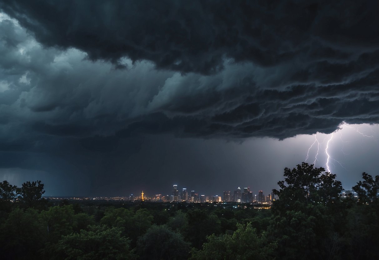 Dark clouds loom over a city skyline. Lightning strikes in the distance as heavy rain begins to fall. Trees sway in the wind, and ominous clouds gather overhead