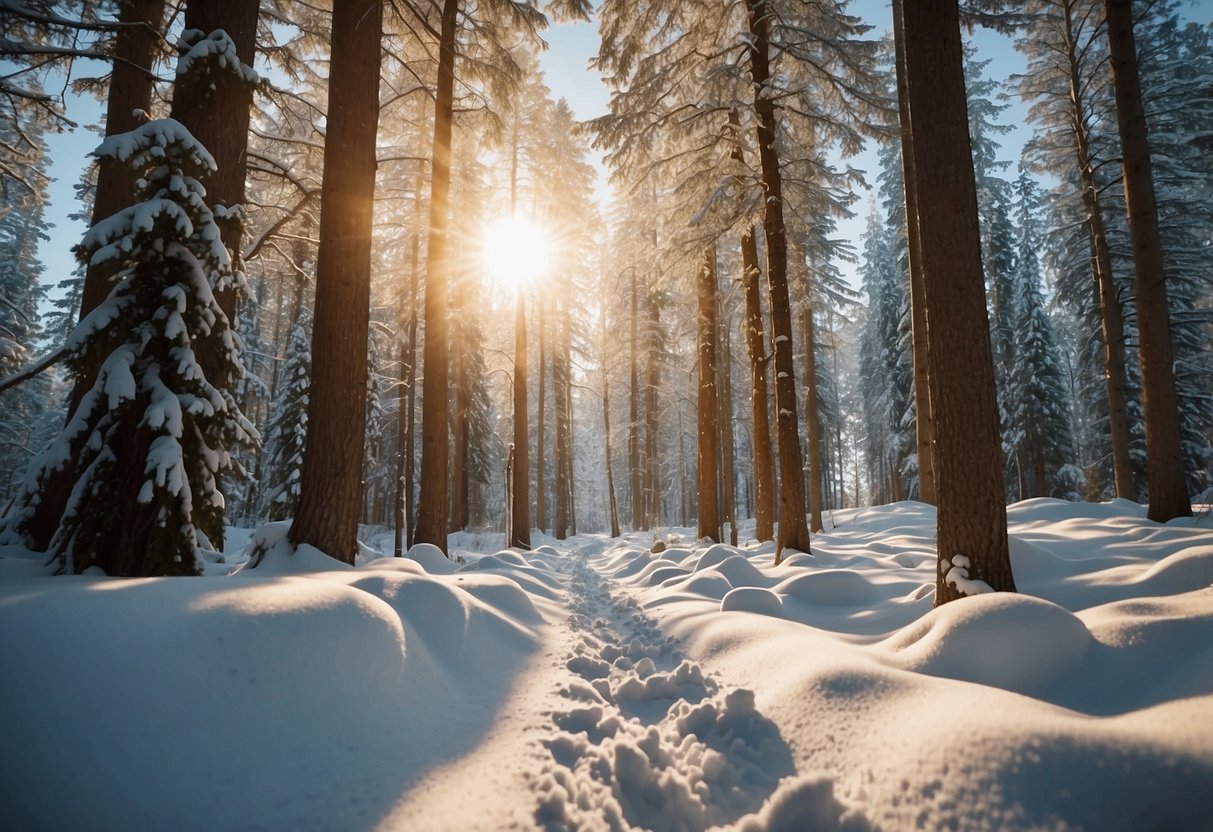 A snowy forest with skiers gliding through trees, wearing sleek, lightweight jackets. The sun shines through the branches, casting a warm glow on the scene