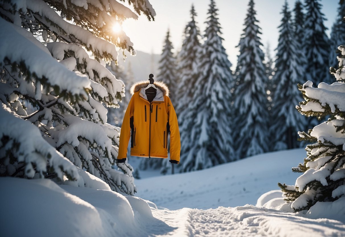 A snowy landscape with a lone ski jacket hanging on a tree branch, surrounded by cross country ski tracks in the fresh powder