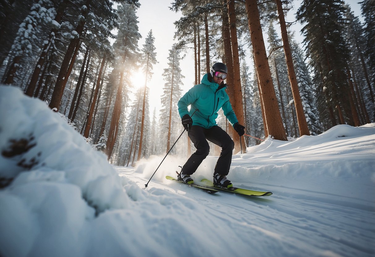 A skier glides through a snowy forest, wearing a Patagonia Houdini Jacket. The lightweight jacket flutters in the wind as the skier moves effortlessly through the cross country skiing trail