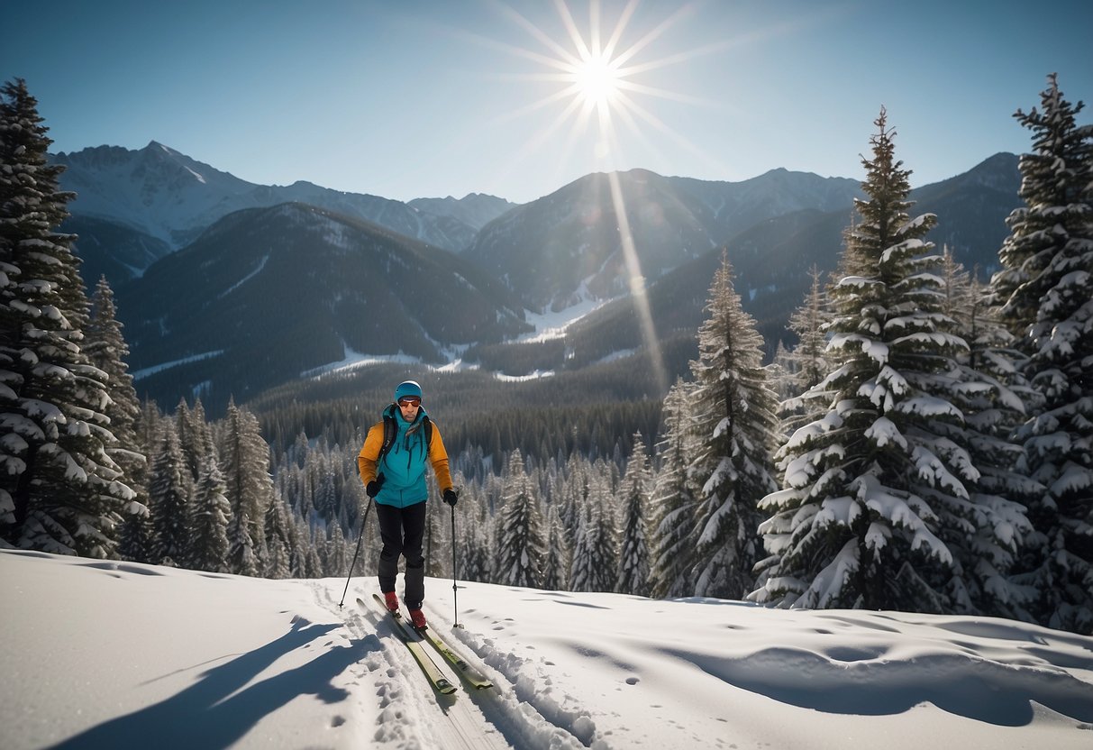 A snowy mountain landscape with a skier wearing the Marmot PreCip Eco Jacket, surrounded by trees and cross country skiing trails