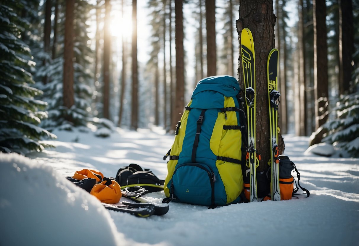 A snowy forest clearing with skis leaning against a tree, a backpack filled with maintenance tools, and a lightweight cross country skiing jacket laid out for care