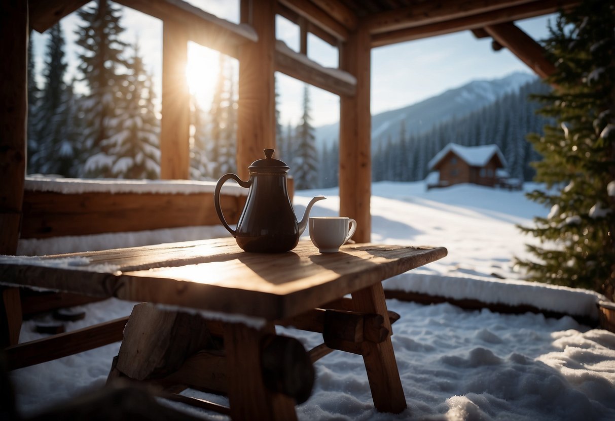 A cozy cabin in a snowy forest, with a skier's gear scattered around. A steaming cup of tea sits on a table next to a warm fireplace, while a pair of skis lean against the wall