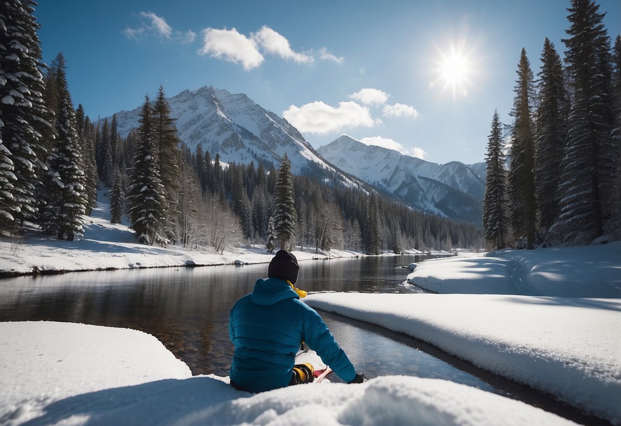 A cross country skier sits by a mountain stream, sipping from a water bottle. Snow-covered trees surround them, and a clear blue sky stretches overhead