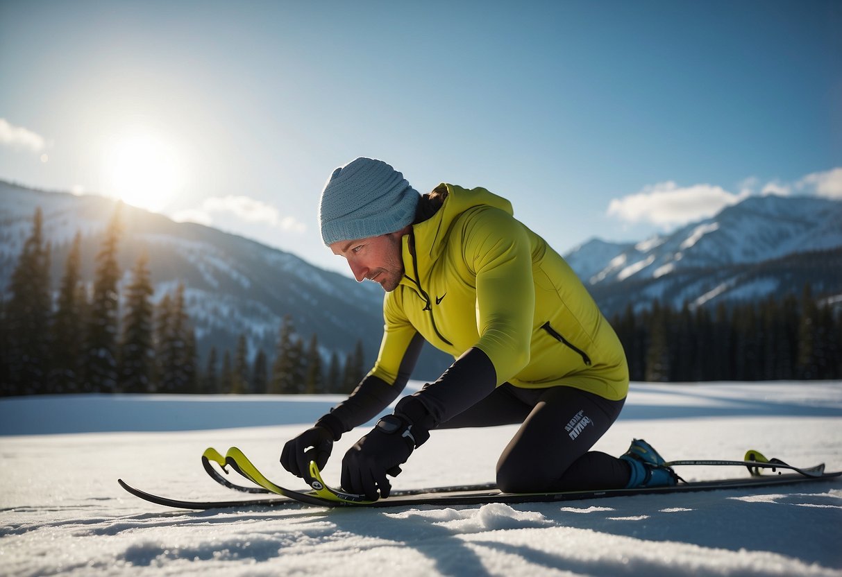 A cross country skier stretches against a snowy backdrop, following 10 post-trip recovery tips. They may be surrounded by ski gear and a serene winter landscape