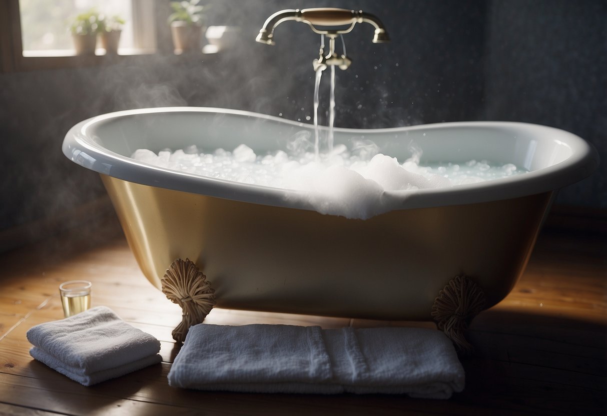 A bathtub filled with warm water and Epsom salt, with steam rising from the surface. A towel and a bottle of Epsom salt sit nearby