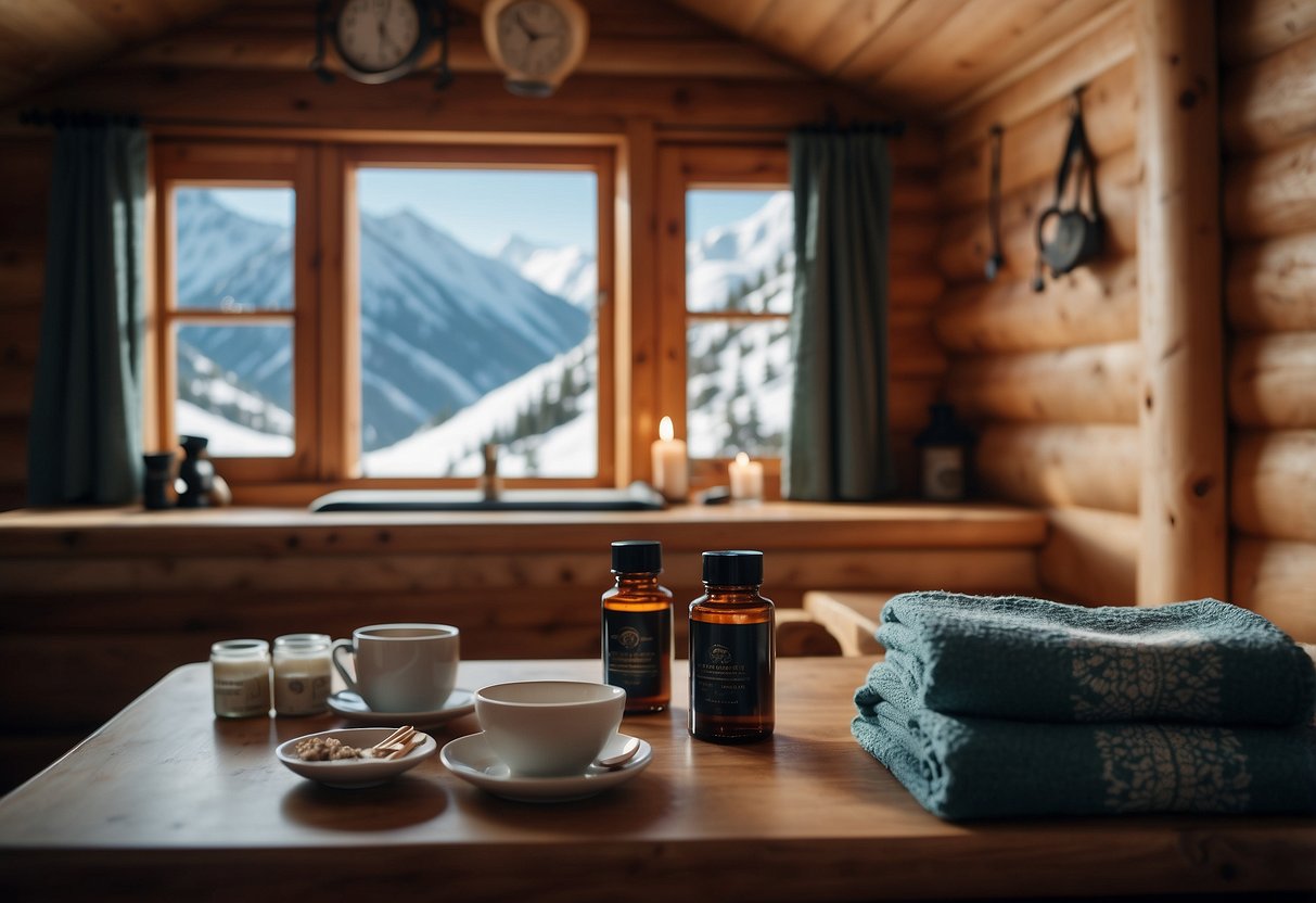 A skier sits in a cozy cabin, surrounded by snowy mountains. A massage table is set up, with warm towels and essential oils nearby. The skier's gear is neatly arranged, and a steaming cup of tea sits on a nearby table