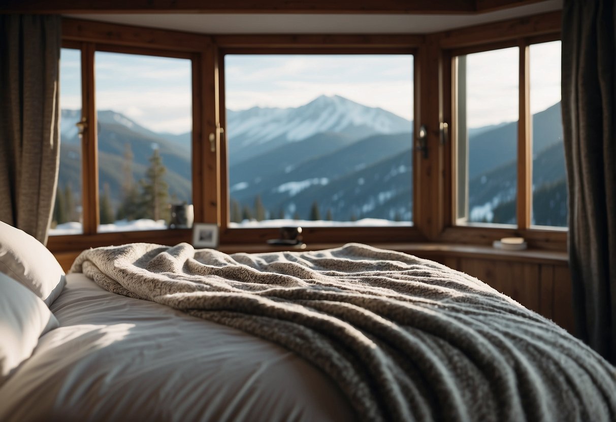 A cozy bed with a soft pillow and warm blankets, surrounded by a peaceful and quiet environment, with a window showing a beautiful snowy landscape outside