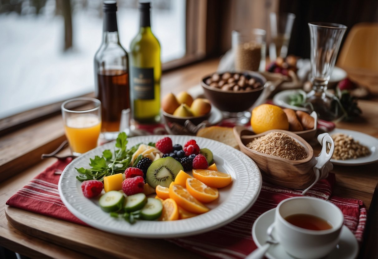 A table set with a variety of healthy foods and drinks, alongside a pair of cross country skis and a recovery guidebook