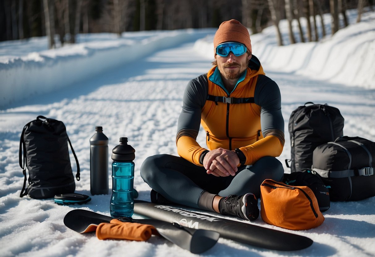 A cross country skier sits in compression gear, surrounded by recovery tools like foam rollers and hydration packs. The skier follows post-trip tips for optimal recovery