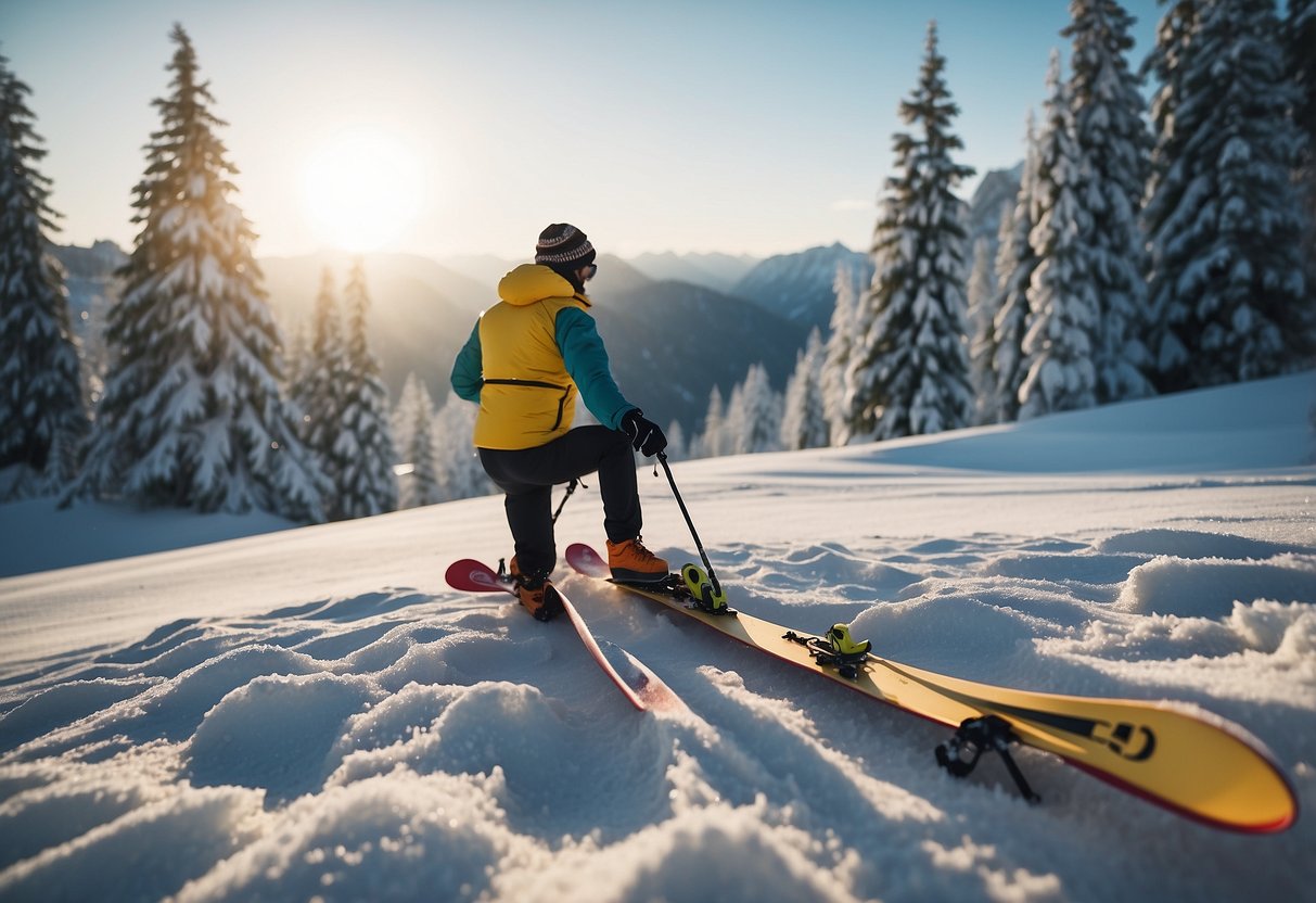 A serene snowy landscape with skis leaning against a tree, while a person practices deep breathing exercises in the foreground