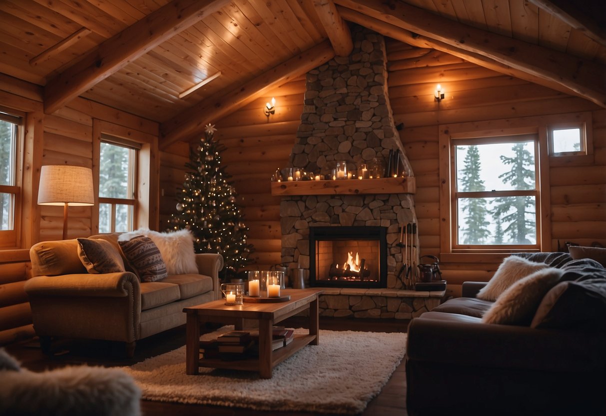 A cozy cabin interior with a crackling fireplace, soft lighting, and a pair of skis leaning against the wall. A playlist of relaxing music fills the room as the skier rests and recovers